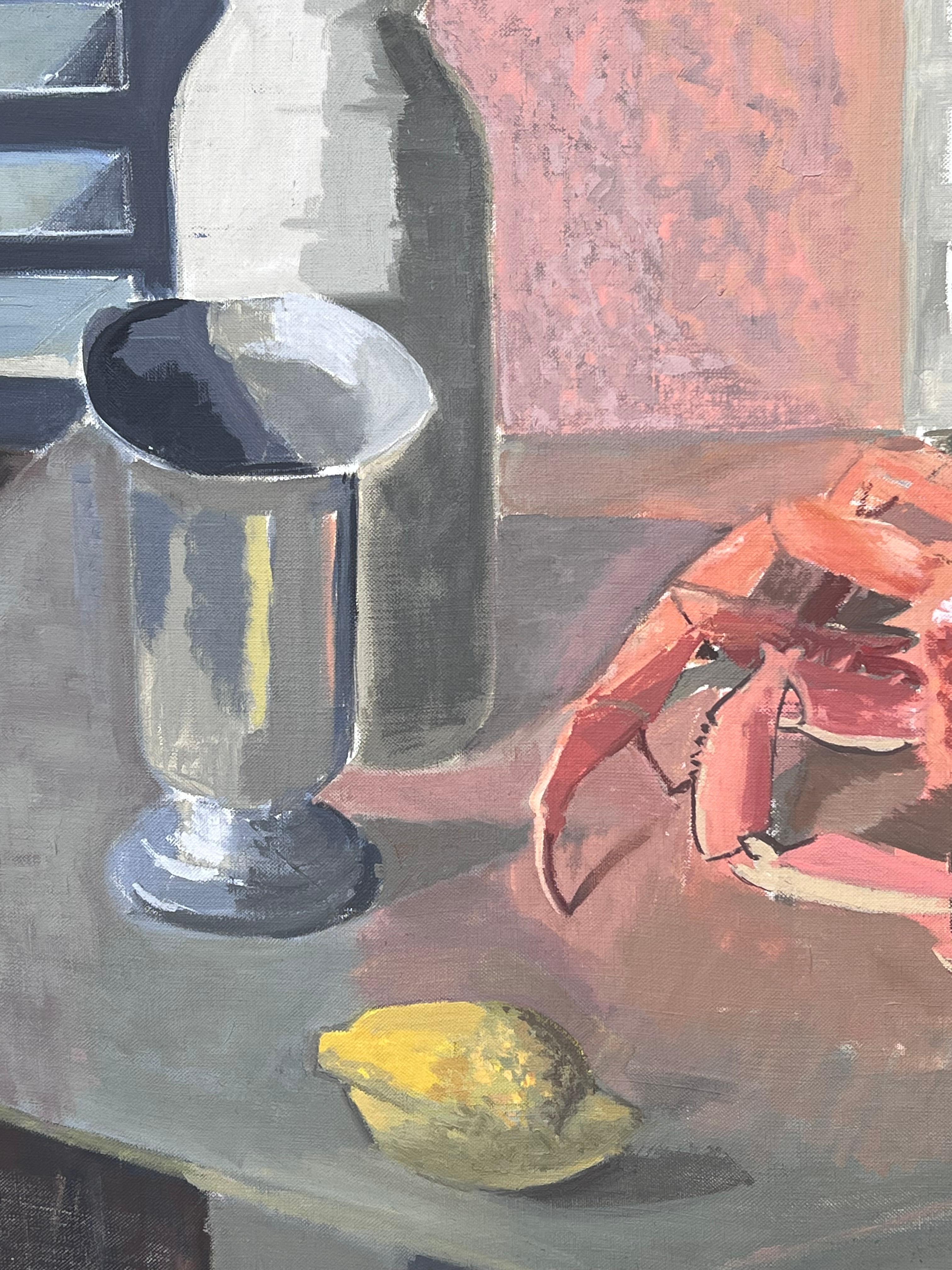 Raffinata pittura ad olio post cubista del 20° secolo Il granchio e la natura morta di limone in vendita 3