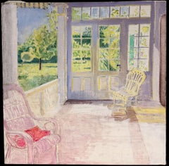 Belle peinture à l'huile moderniste française, beau jardin, pièce ensoleillée, scène d'intérieur