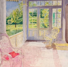 Belle peinture à l'huile moderniste française, beau jardin, pièce ensoleillée, scène d'intérieur