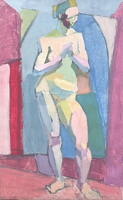 Fine Mid 20th Century French Cubist Oil Painting Nude Woman Standing