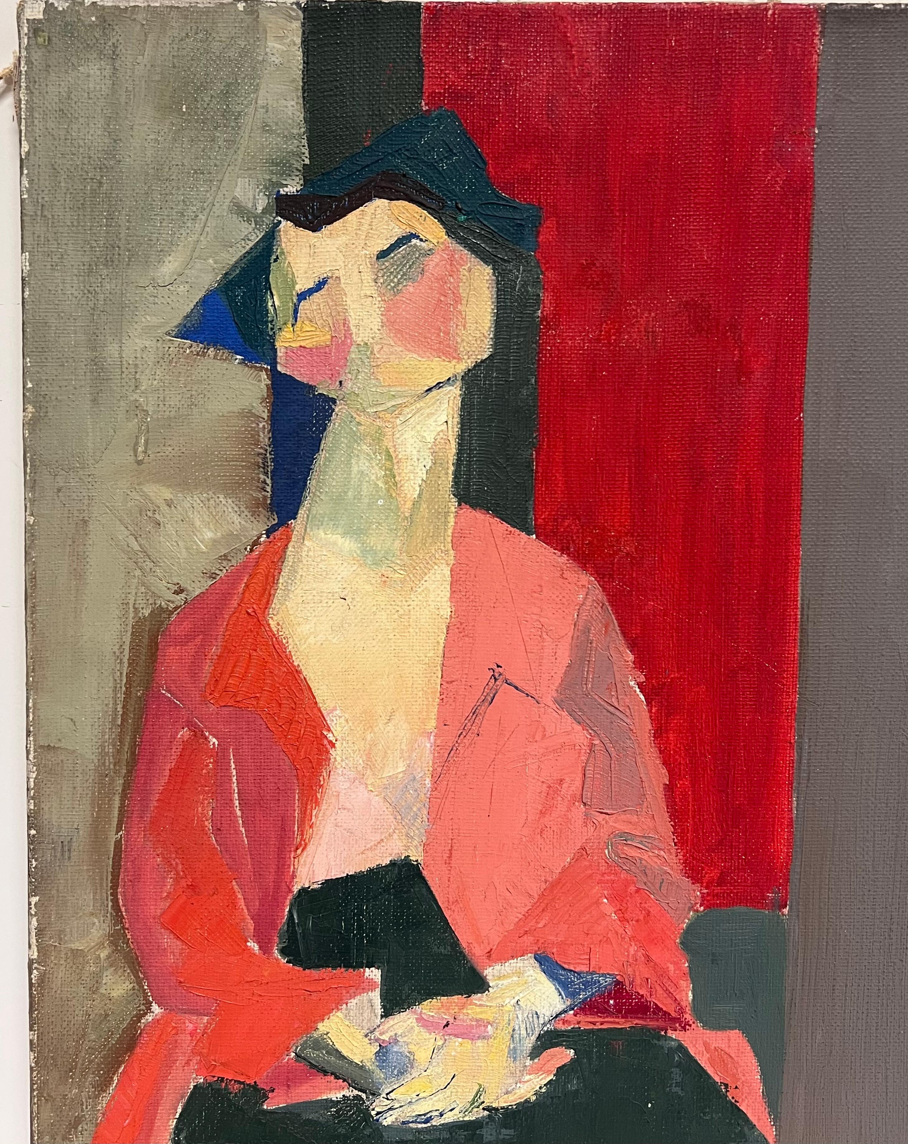 Feine Mitte des 20. Jahrhunderts Französisch kubistischen Ölgemälde Porträt der eckigen sitzende Dame (Kubismus), Painting, von Laure Noetzin-Azam (French 1929-2024)