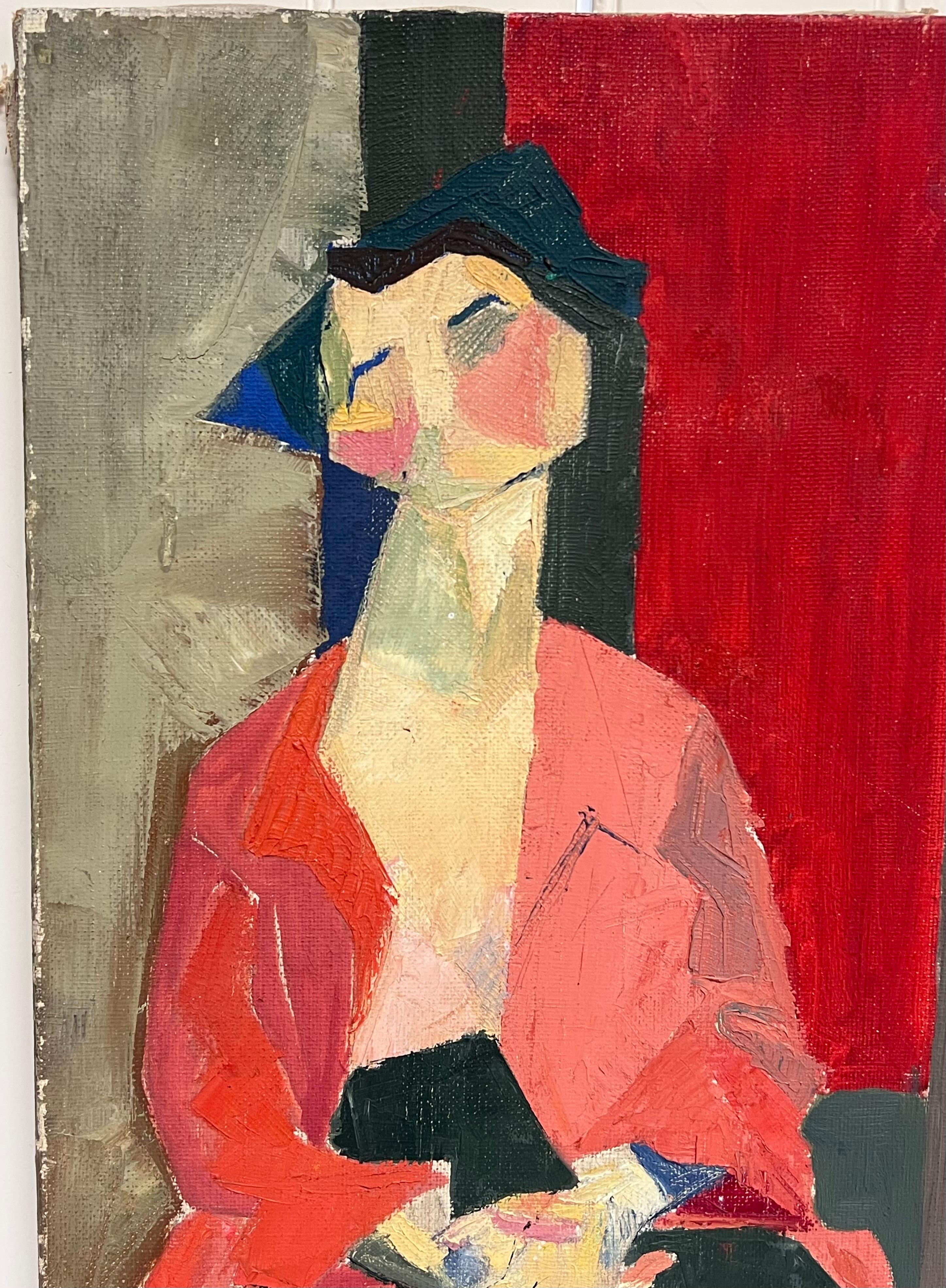 Feine Mitte des 20. Jahrhunderts Französisch kubistischen Ölgemälde Porträt der eckigen sitzende Dame (Grau), Figurative Painting, von Laure Noetzin-Azam (French 1929-2024)