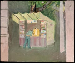 French 20th Century Modernist Oil Painting Figures Park Shopping Booth