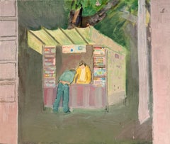 French 20th Century Modernist Oil Painting Figures Park Shopping Booth