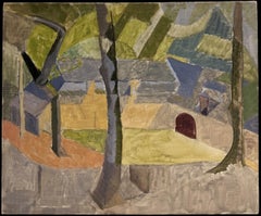 French Cubist Village Landscape with Trees Mid 20th Century Oil Painting