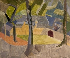 French Cubist Village Landscape with Trees Mid 20th Century Oil Painting