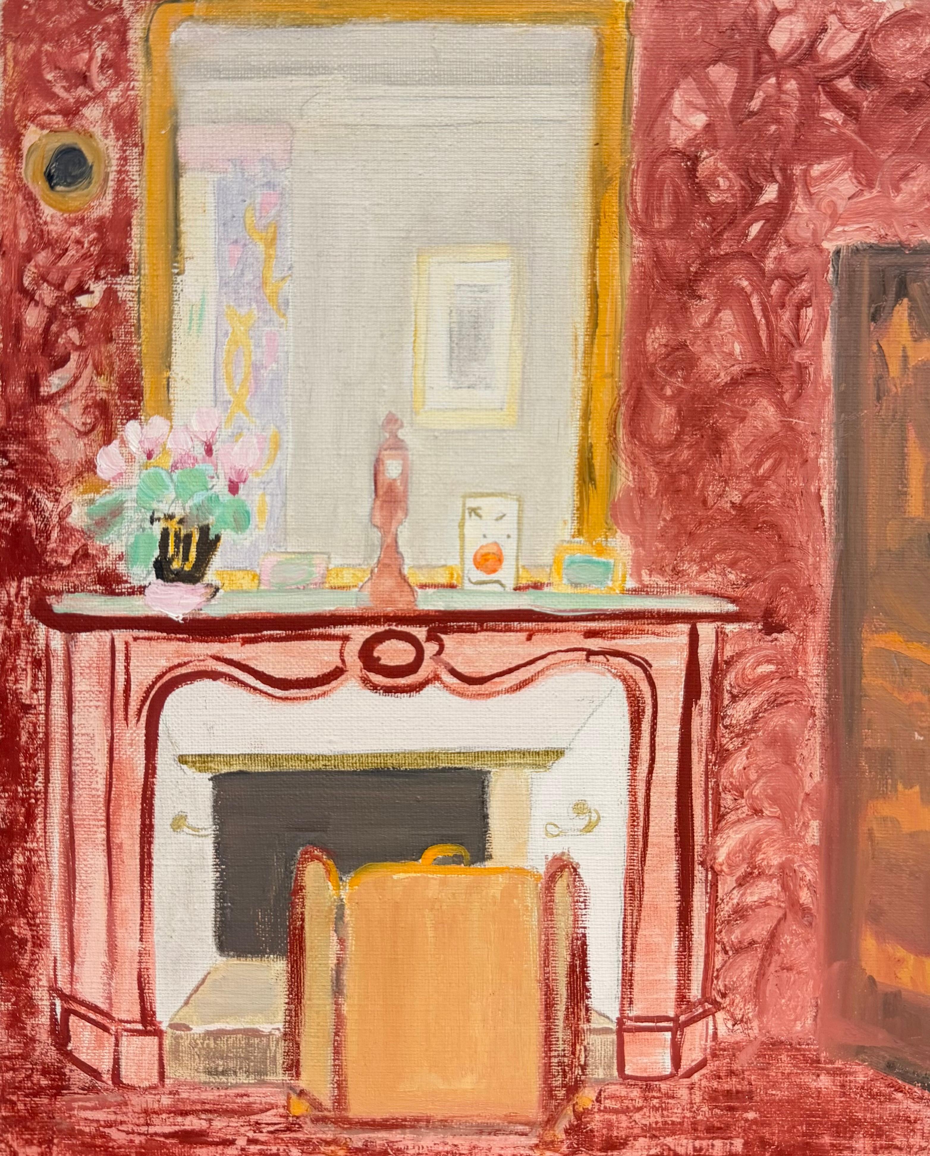 French Interior with Pink Fireplace Mantel Modernist 20th Century Painting