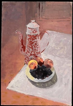 French Modernist 20th Century Oil Painting Red & White Coffee Cup Still Life