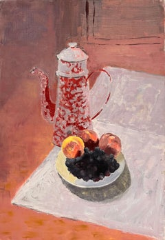 French Modernist 20th Century Oil Painting Red & White Coffee Cup Still Life