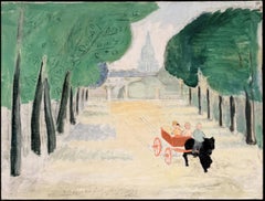 French Modernist Oil Painting Figures in Parisian Park Pony & Cart