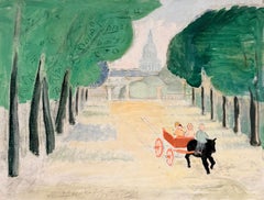 French Modernist Oil Painting Figures in Parisian Park Pony & Cart