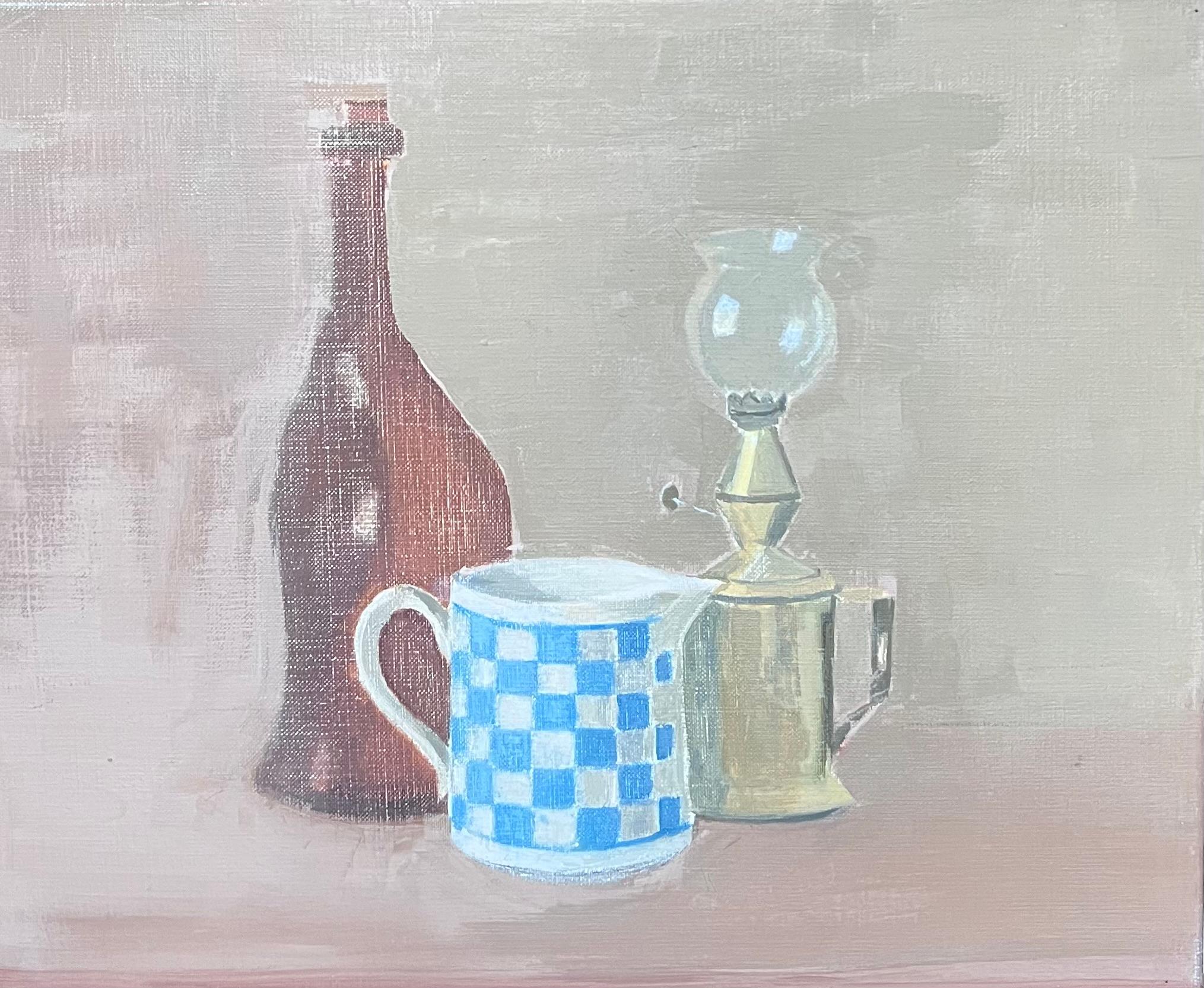 French Modernist Still Life with Bottle, Checked Mug and Oil Lamp
