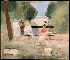 French Park Scene with Figures at Table 20th C Post-Impressionist Oil Painting