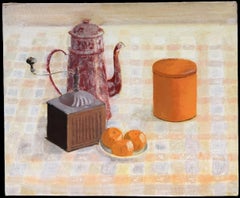 French Still Life with Coffee Pot and Oranges 20thC Modernist Oil Painting