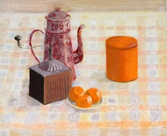 French Still Life with Coffee Pot and Oranges 20thC Modernist Oil Painting