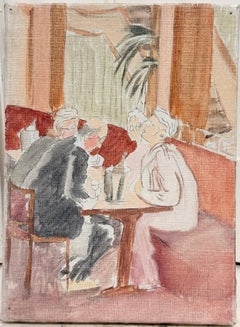 Rencontre entre amis dans un café parisien – Peinture moderniste française du XXe siècle