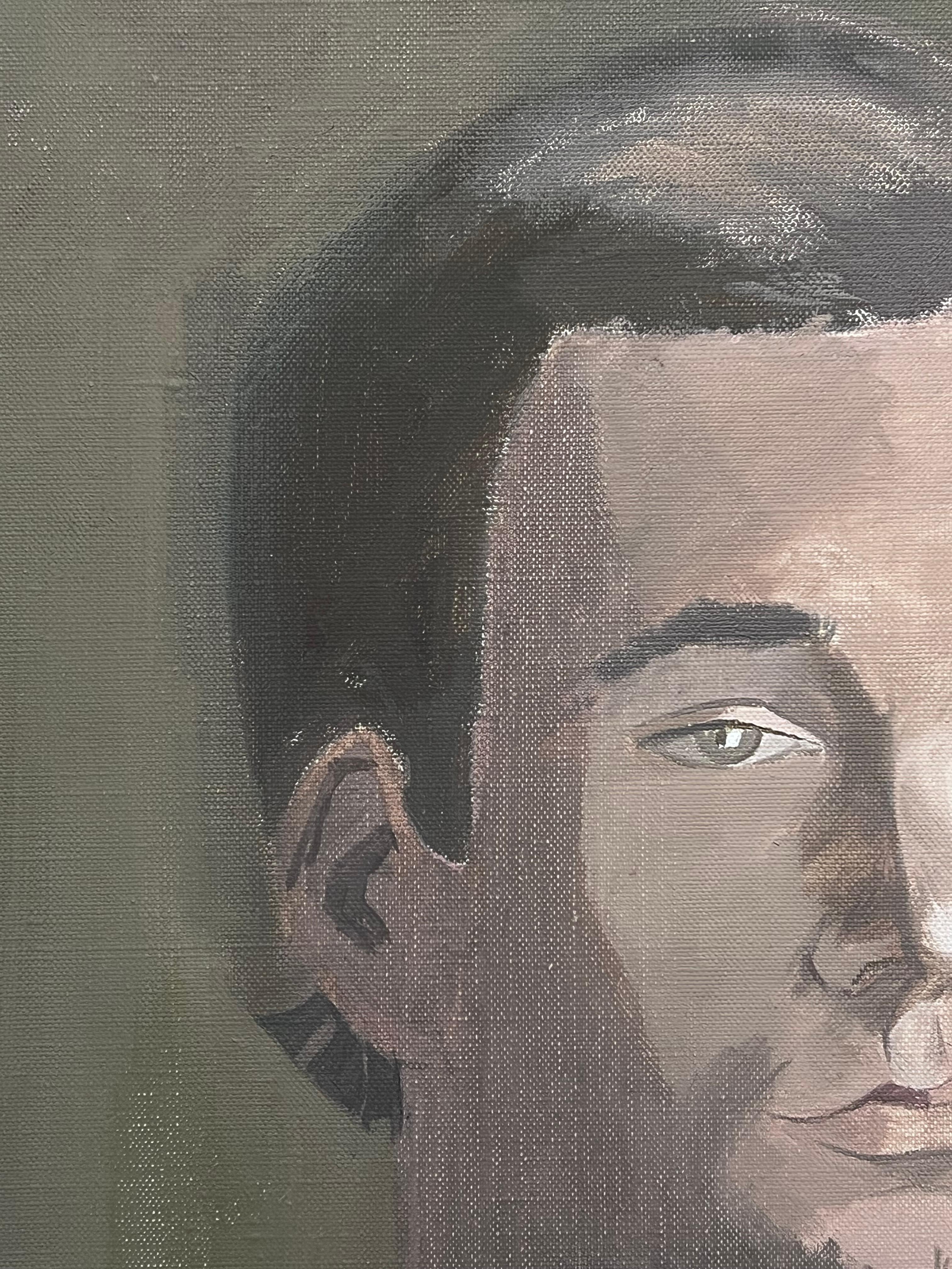 Kopf & Schultern Porträt junger Mann 20. Jahrhundert Französisch Modernist Ölgemälde (Grau), Figurative Painting, von Laure Noetzin-Azam (French 1929-2024)