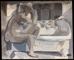Huge 1950's Post-Cubist French Oil Painting Grey Nude Lady Bath Interior Scene