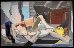 Huge 1950's Post-Cubist French Oil Painting Grey Nude Lady Sunbathing