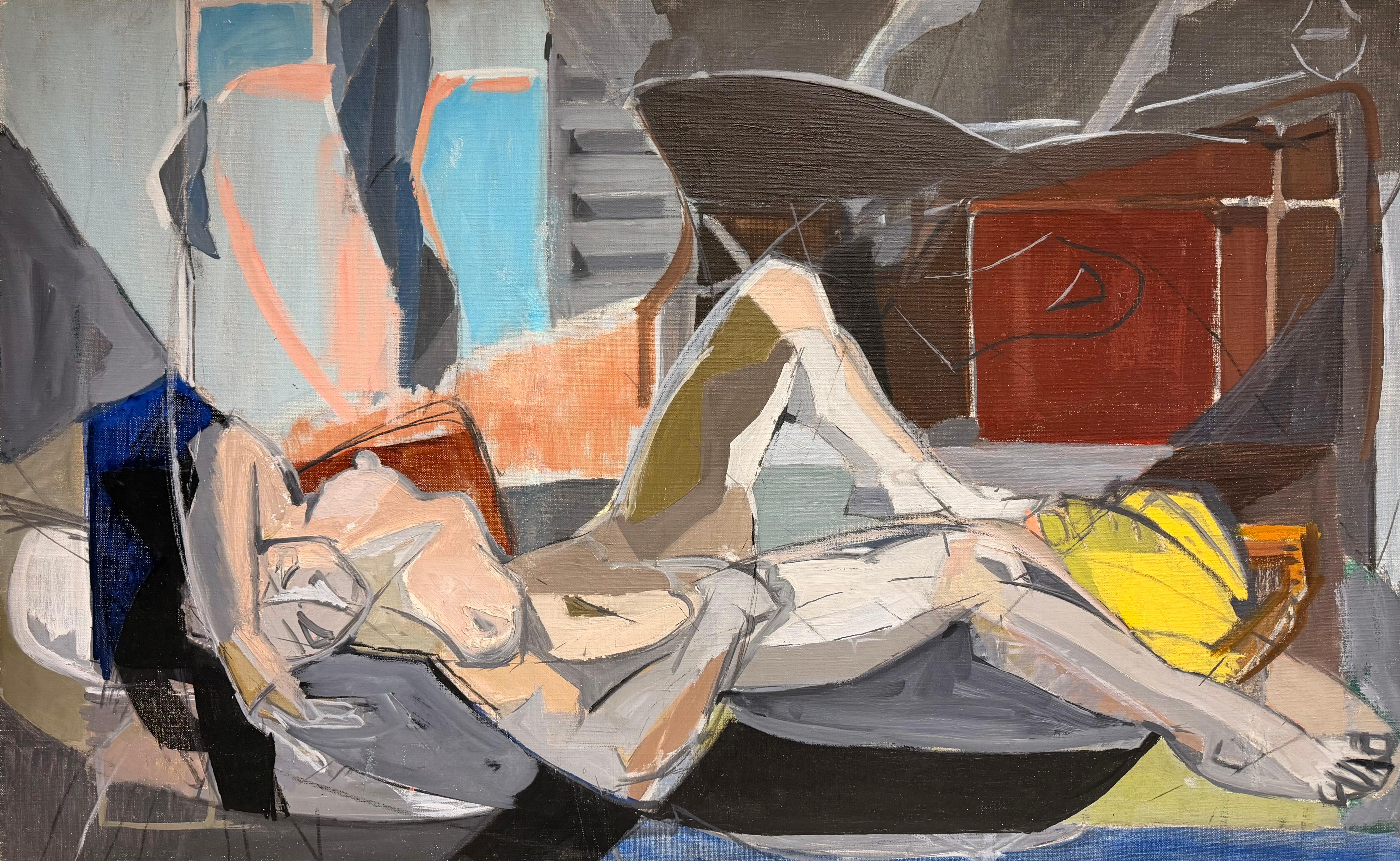 Huge 1950's Post-Cubist French Oil Painting Grey Nude Lady Sunbathing