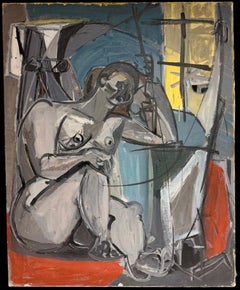Enorme óleo francés postcubista de los años 50 Dama desnuda en escena interior