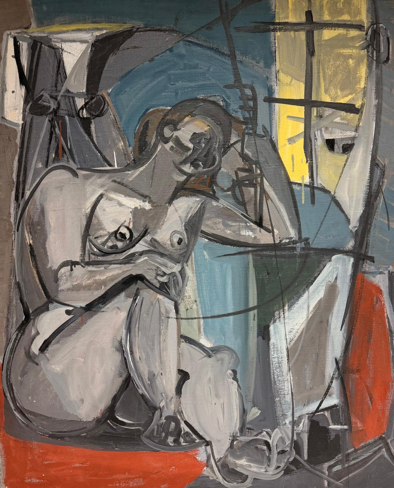 Huge 1950's Post-Cubist French Oil Painting Nude Lady in Interior Scene
