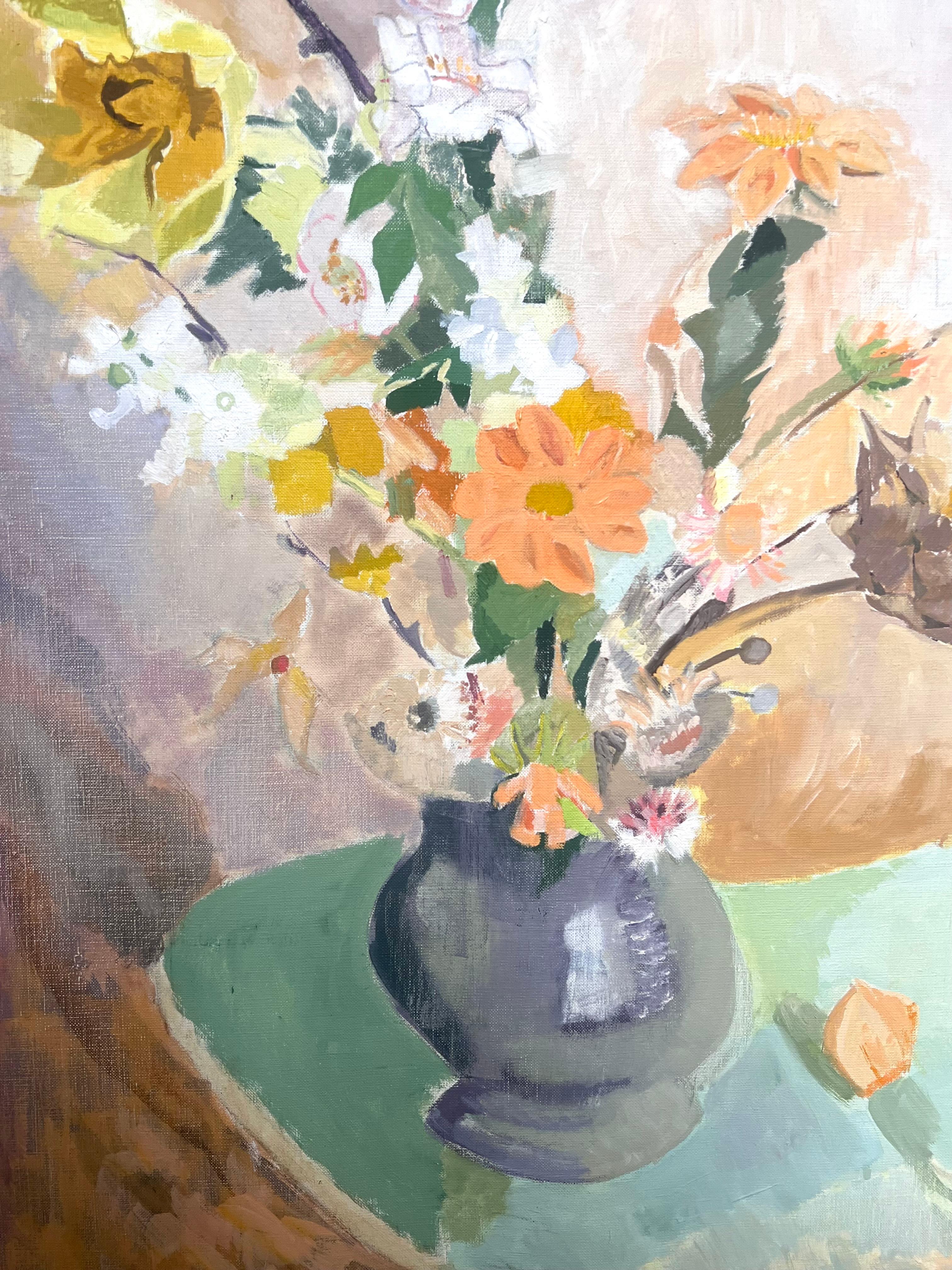 Grande peinture à l'huile moderniste française du 20e siècle Vase de fleurs à l'intérieur en vente 5