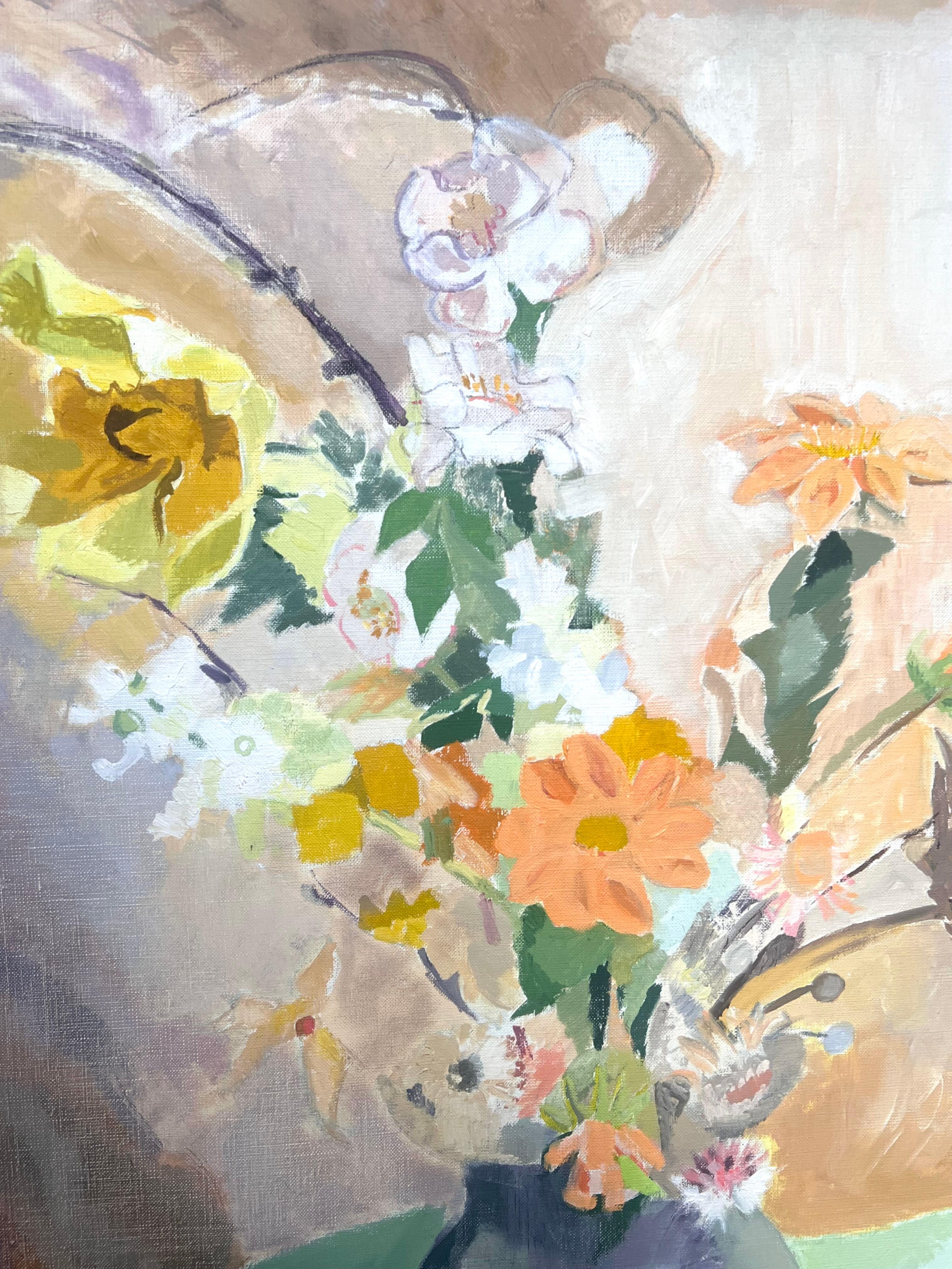 Grande peinture à l'huile moderniste française du 20e siècle Vase de fleurs à l'intérieur en vente 6