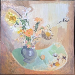 Large 20th Century French Modernist Oil Painting Vase of Flowers in Interior