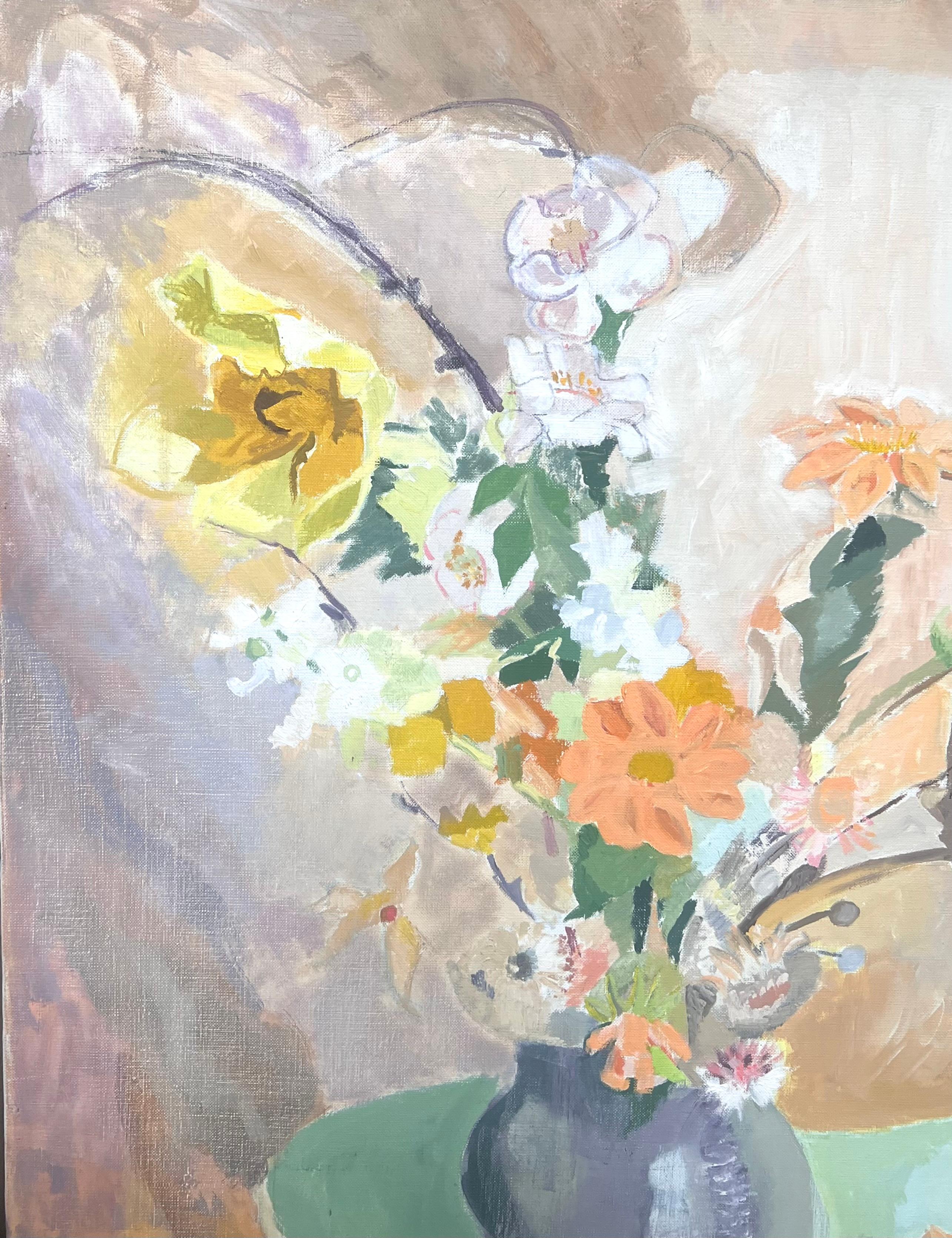 Grande peinture à l'huile moderniste française du 20e siècle Vase de fleurs à l'intérieur - Moderne Painting par Laure Noetzin-Azam (French 1929-2024)