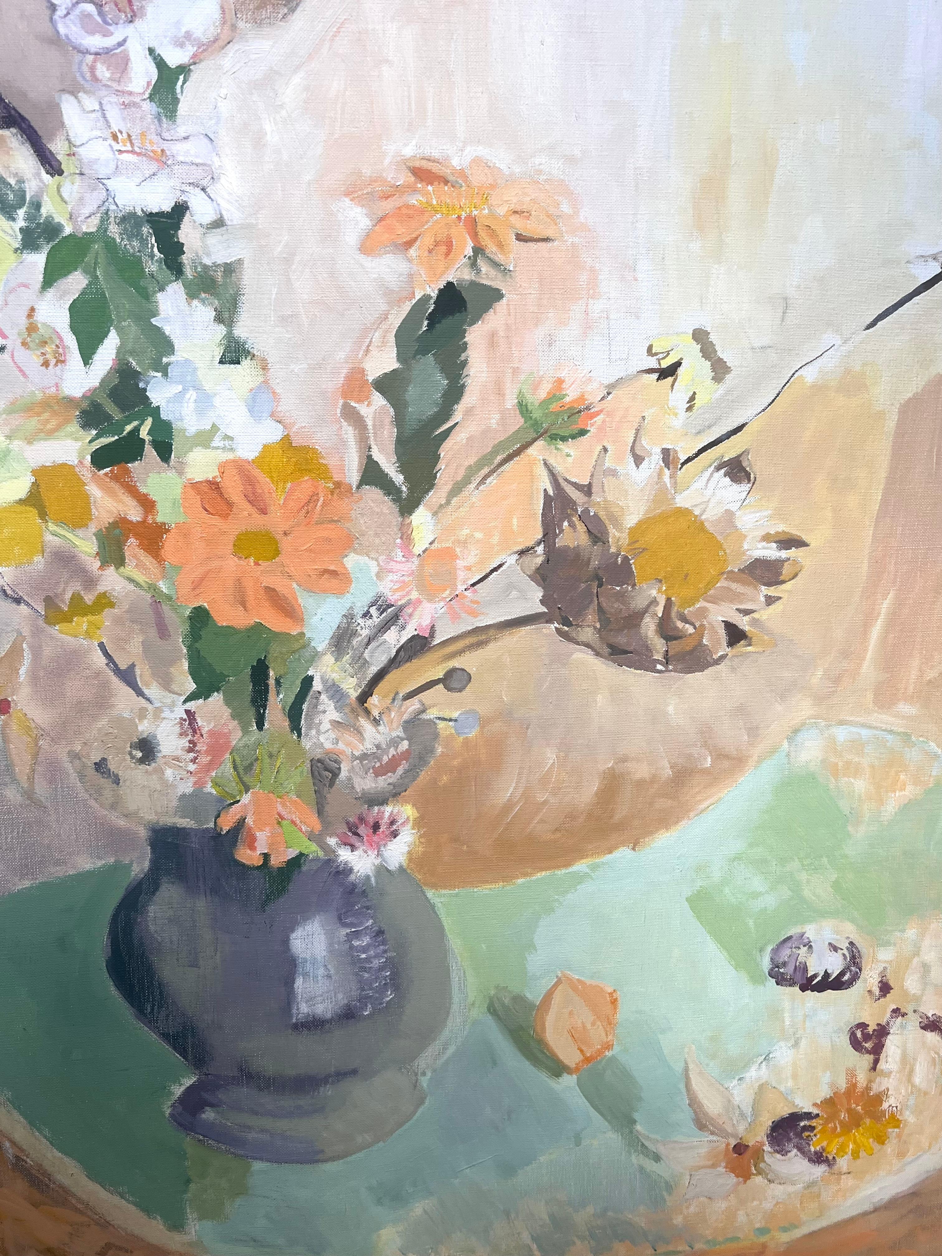 Grande peinture à l'huile moderniste française du 20e siècle Vase de fleurs à l'intérieur en vente 2
