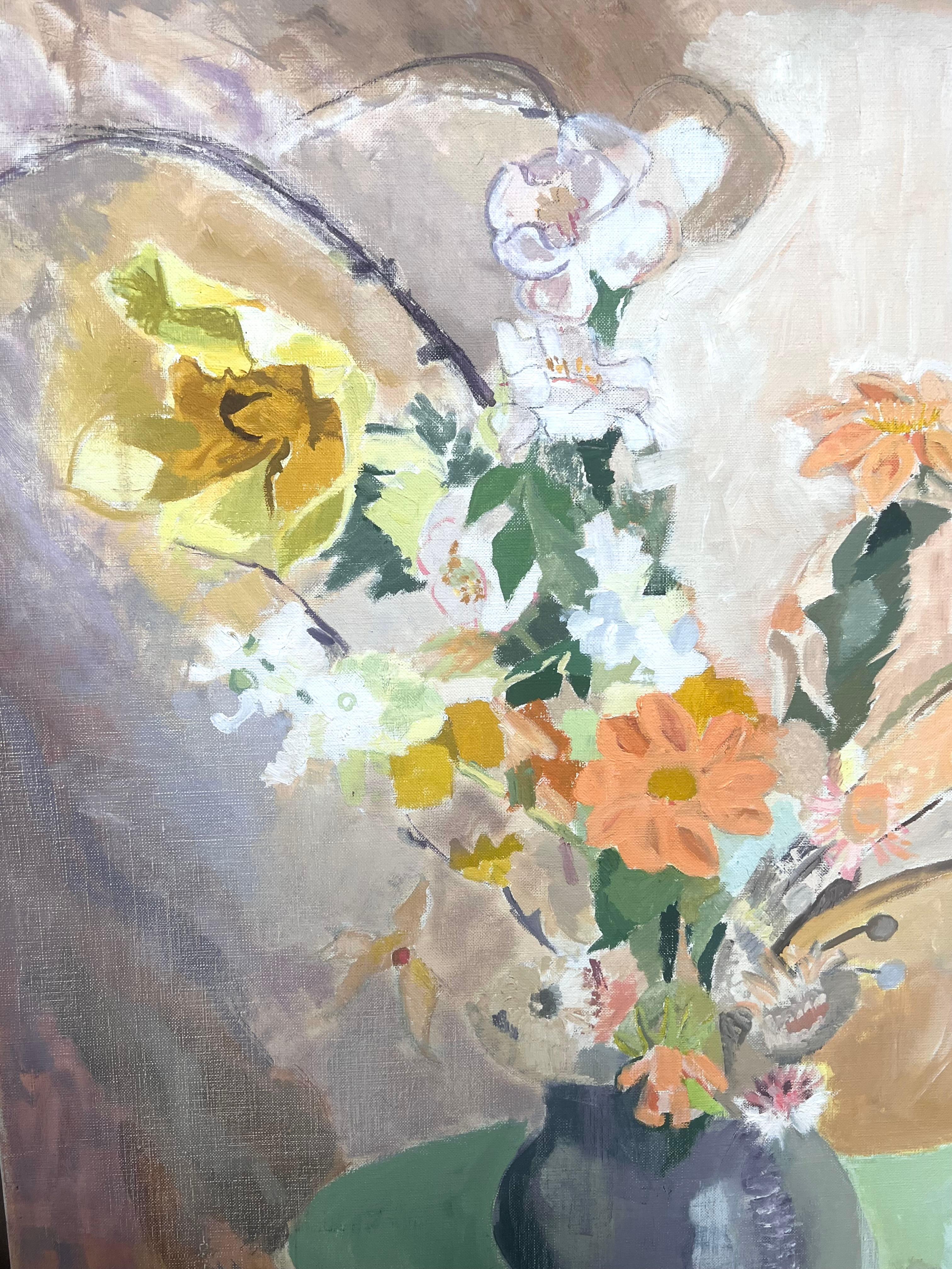 Grande peinture à l'huile moderniste française du 20e siècle Vase de fleurs à l'intérieur en vente 3