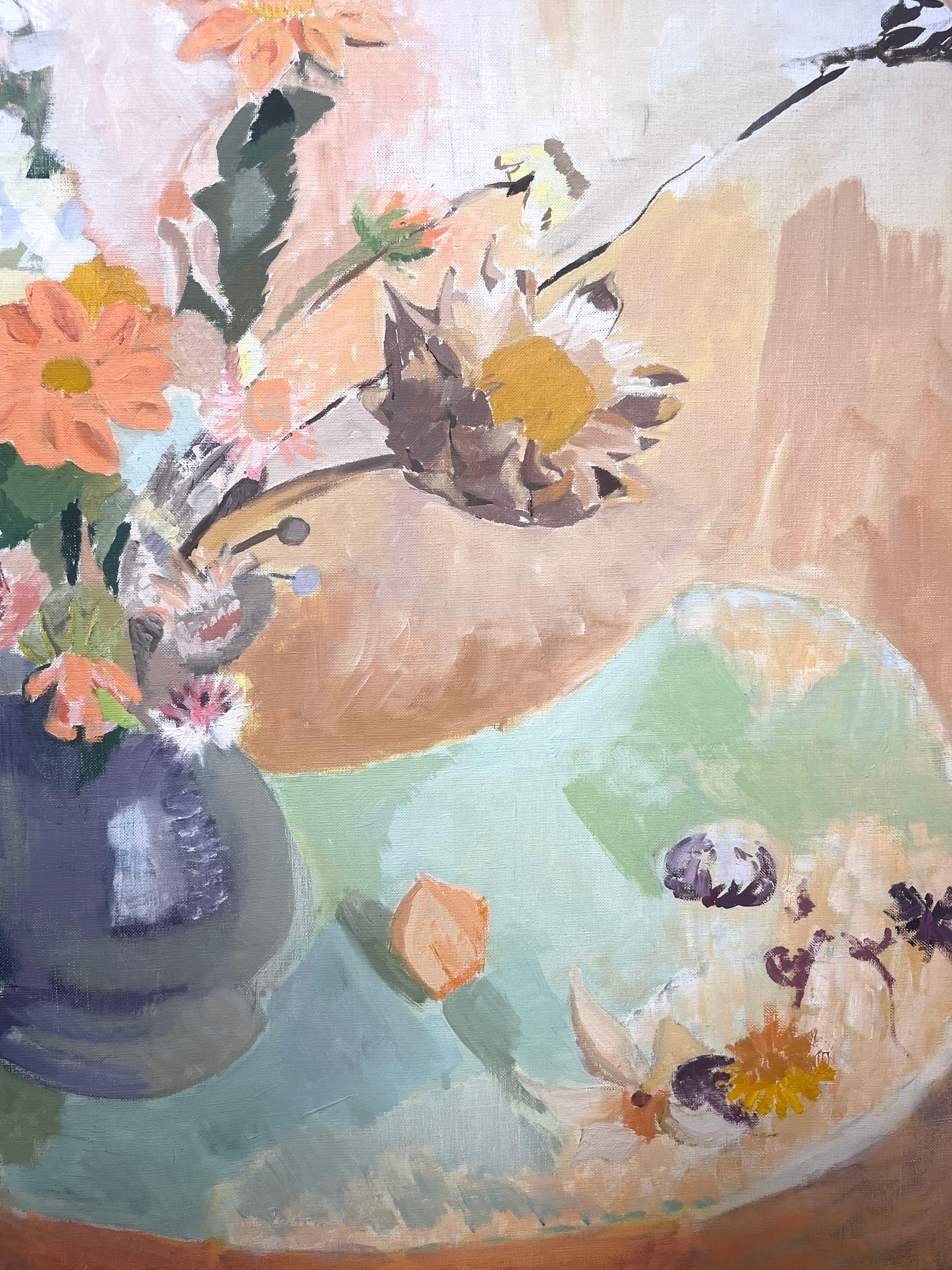 Grande peinture à l'huile moderniste française du 20e siècle Vase de fleurs à l'intérieur en vente 4