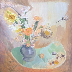 Großes französisches modernistisches Ölgemälde des 20. Jahrhunderts Vase mit Blumen im Interieur