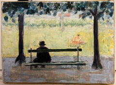 Homme et silhouette se reposant dans un parc parisien – Peinture à l'huile moderniste française du XXe siècle