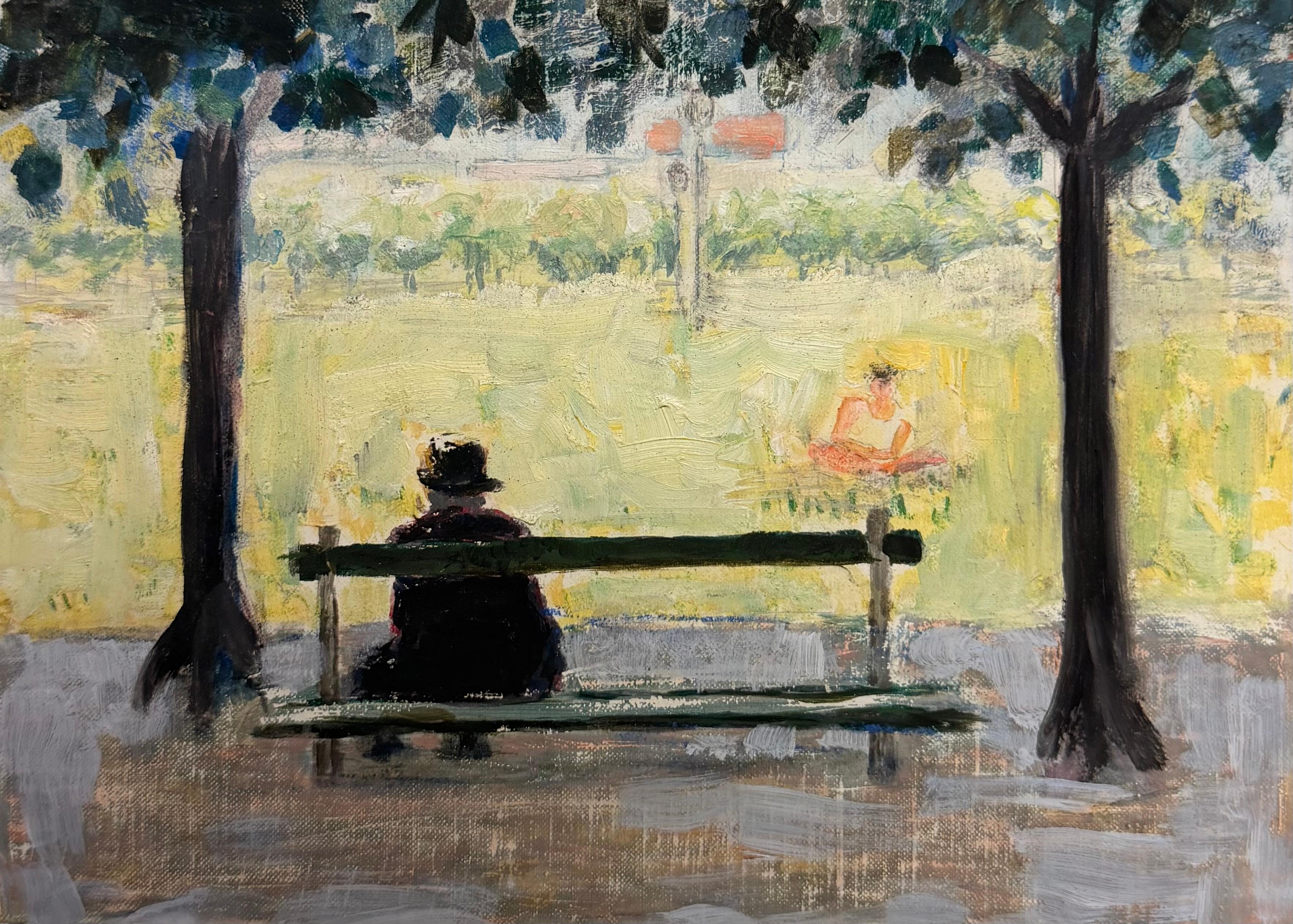 Man & Figure Resting in Parisian Park French Modernist 20th Century Oil Painting