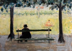 Homme et silhouette se reposant dans un parc parisien – Peinture à l'huile moderniste française du XXe siècle