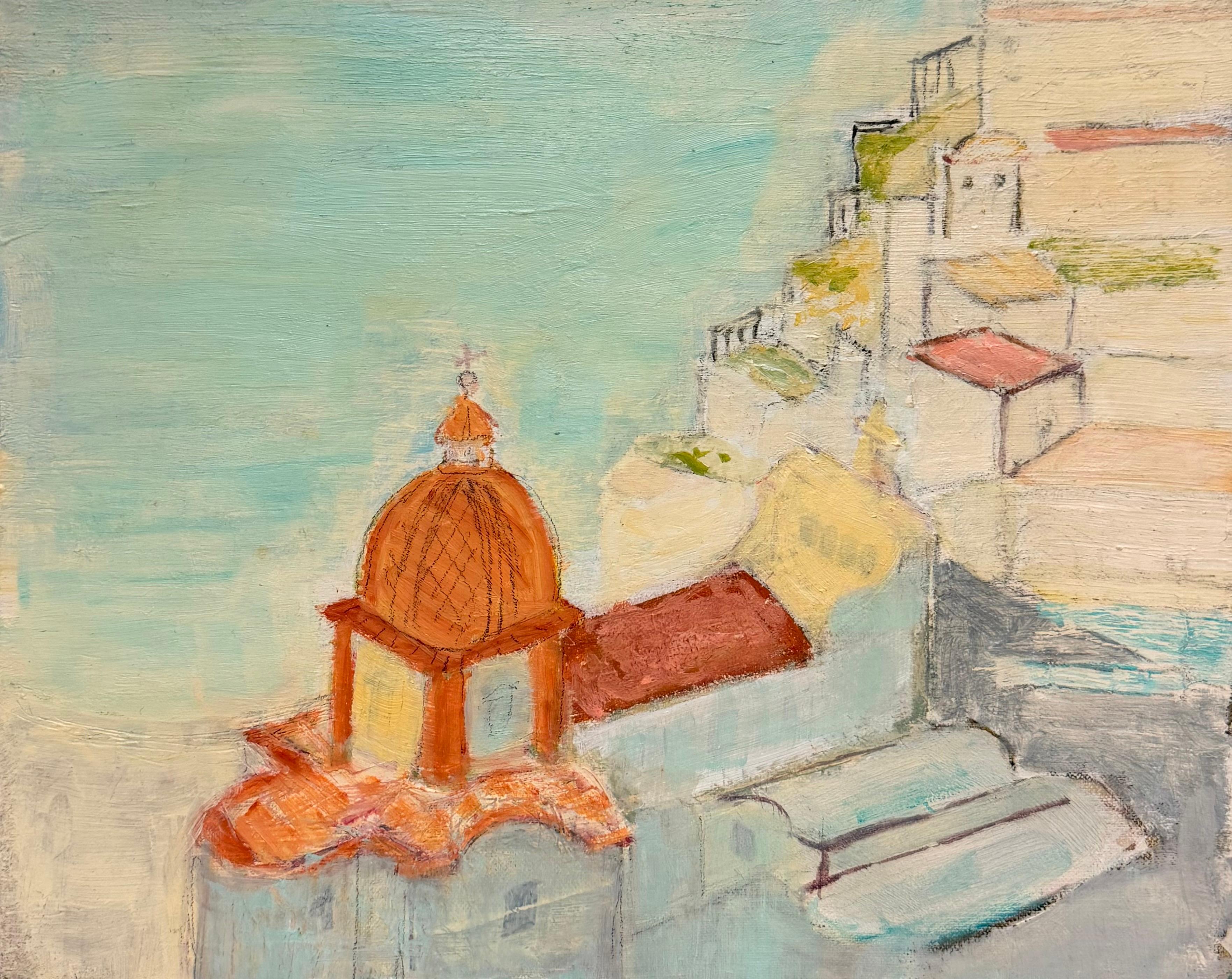 Mediterranean Roof Coastal Town with Domed Church French Modernist 20th Painting