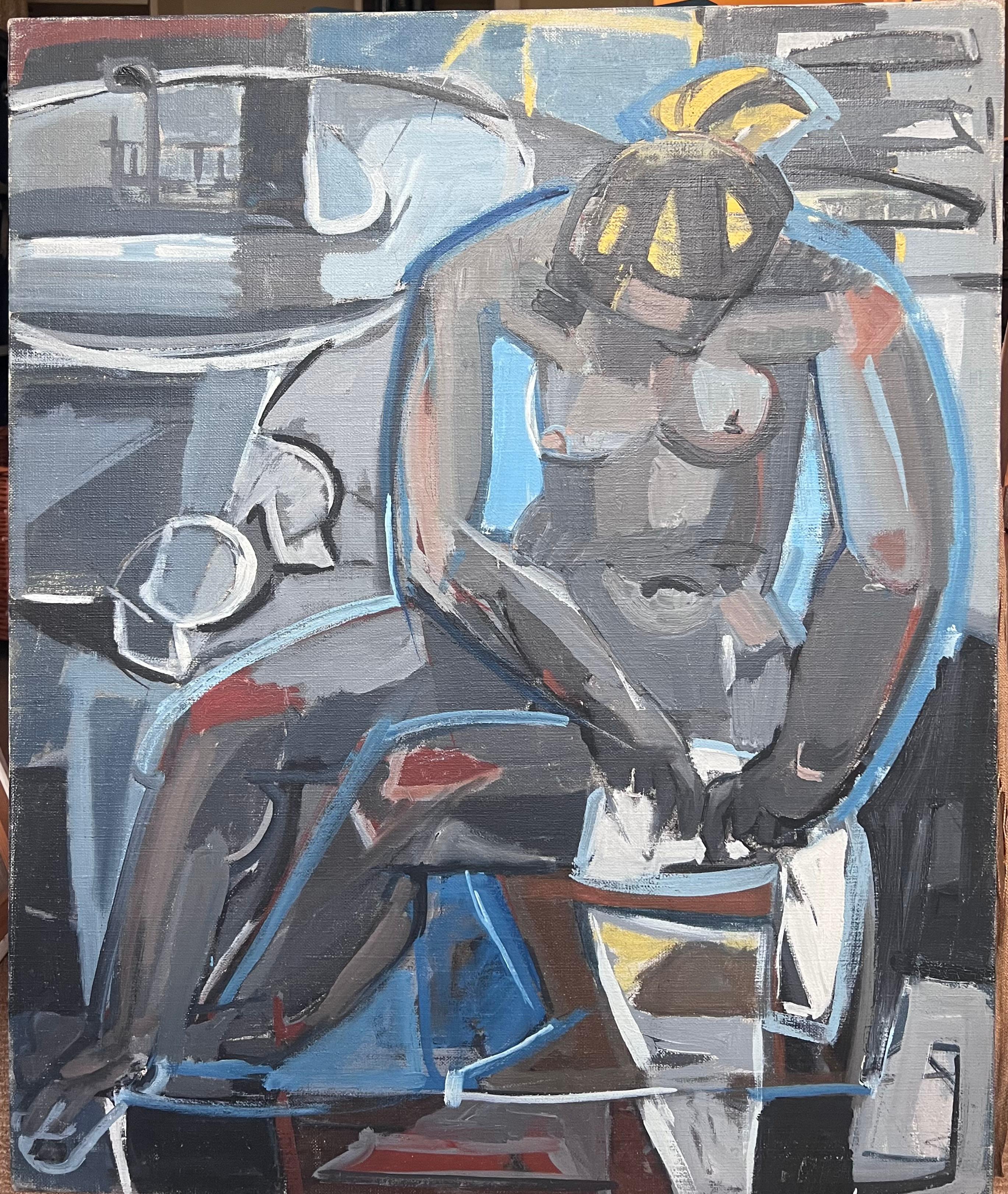 Mitte des 20. Jahrhunderts Französisch kubistische Ölgemälde Weiblicher Akt Grau & Blau – Painting von Laure Noetzin-Azam (French 1929-2024)