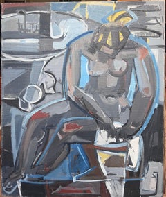 Mid 20th Century French Cubist Oil Painting Female Nude Grey & Blue