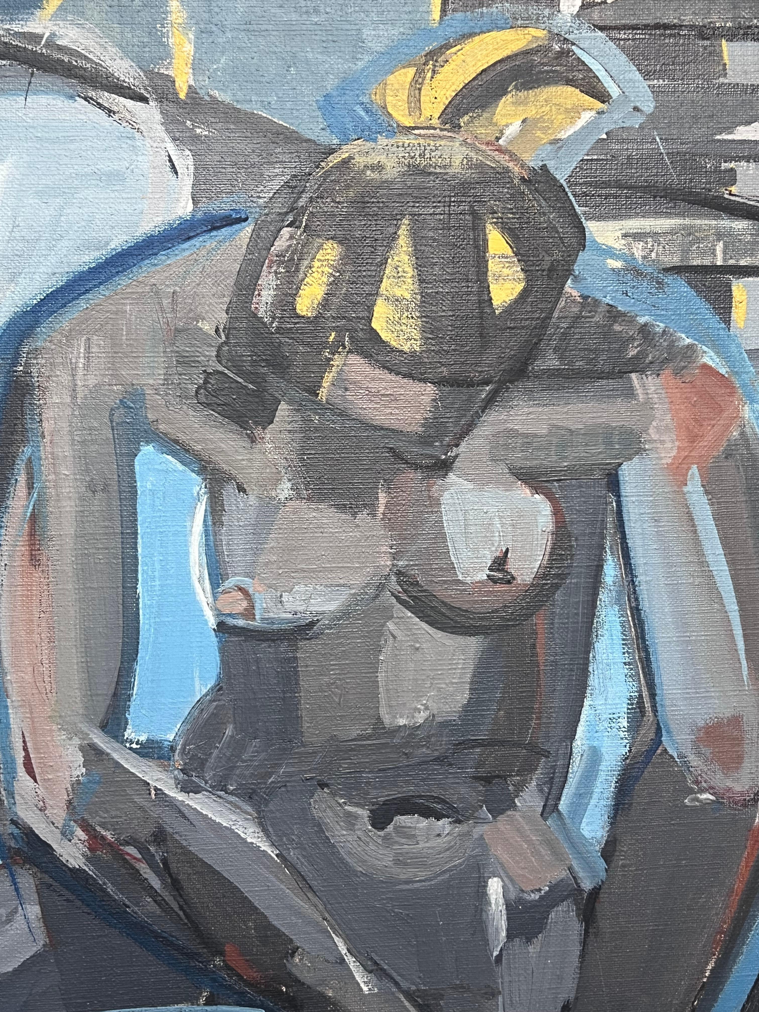 Mitte des 20. Jahrhunderts Französisch kubistische Ölgemälde Weiblicher Akt Grau & Blau im Angebot 2