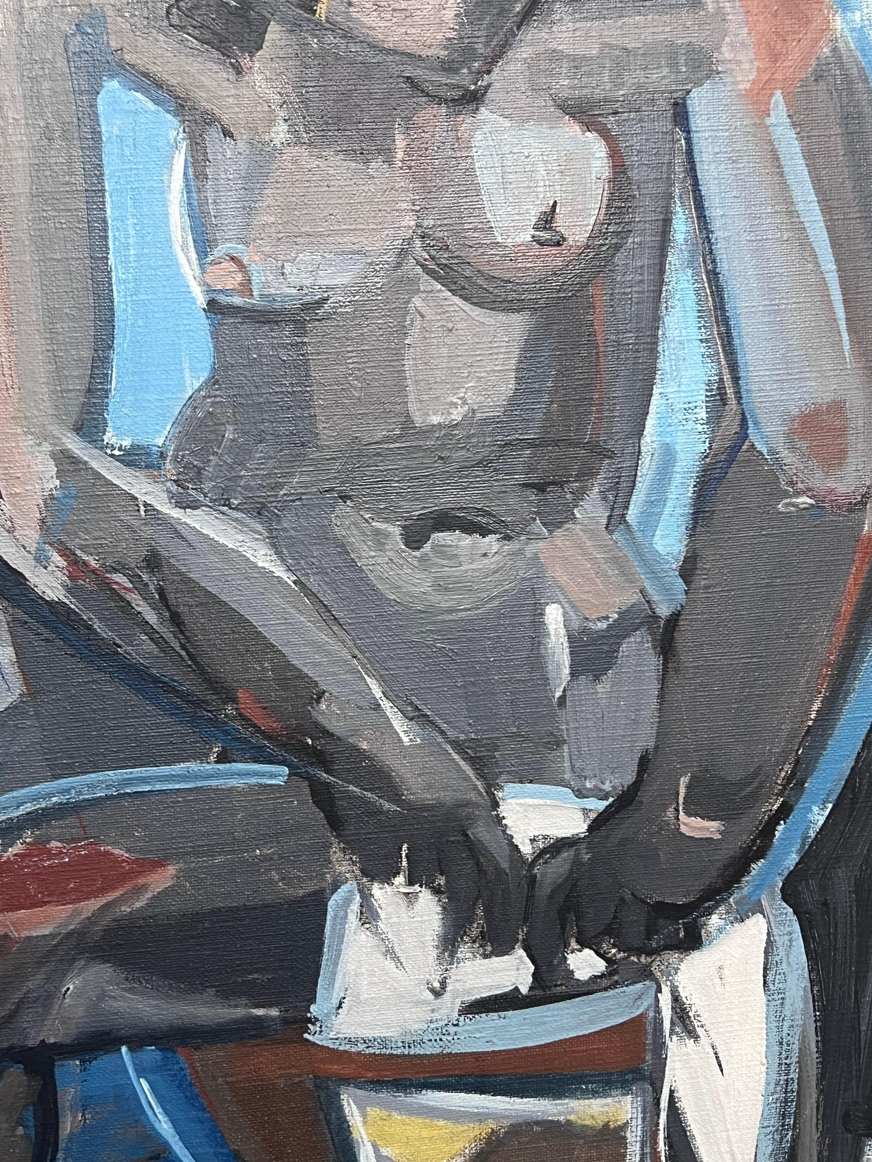 Mitte des 20. Jahrhunderts Französisch kubistische Ölgemälde Weiblicher Akt Grau & Blau im Angebot 3