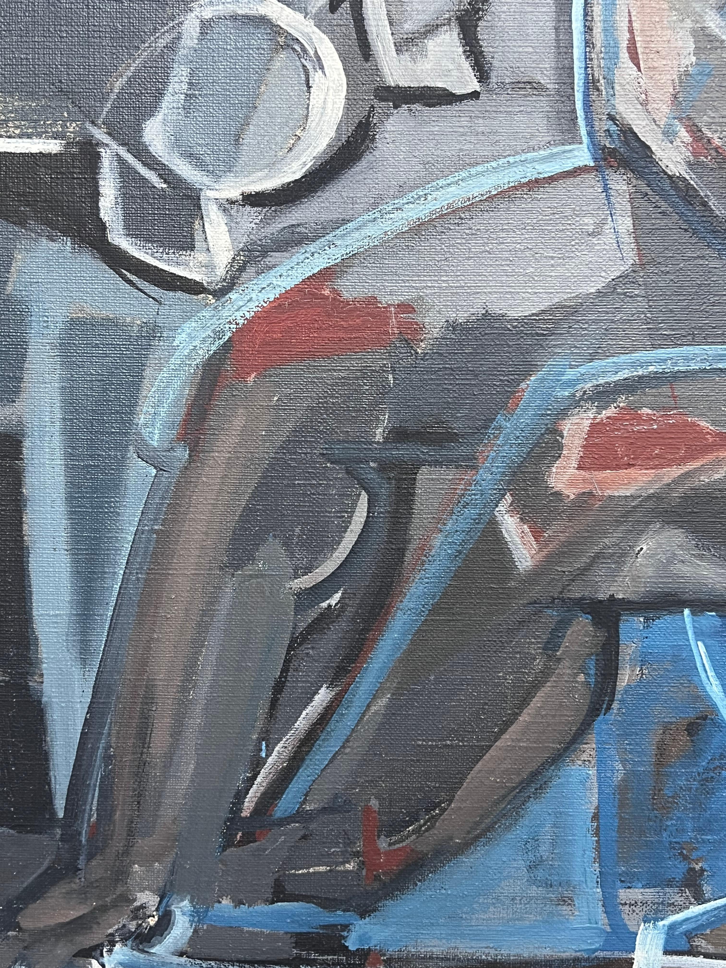 Mitte des 20. Jahrhunderts Französisch kubistische Ölgemälde Weiblicher Akt Grau & Blau im Angebot 4