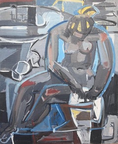 Pittura ad olio cubista francese della metà del XX secolo Nudo femminile grigio e blu