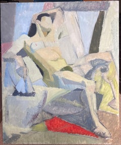 Pittura ad olio cubista modernista francese della metà del XX secolo Pittura ad olio cubista femminile nuda Model No.