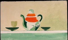 Mitte des 20. Jahrhunderts Französisch Modernist Ölgemälde Stillleben Teekanne & Untertassen