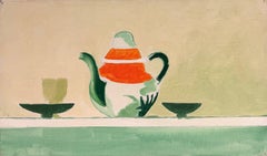 Mitte des 20. Jahrhunderts Französisch Modernist Ölgemälde Stillleben Teekanne & Untertassen