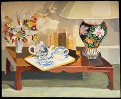 Mitte des 20. Jahrhunderts Französisch Modernist Ölgemälde Stillleben Tee & Untertasse Interieur