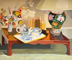 Mitte des 20. Jahrhunderts Französisch Modernist Ölgemälde Stillleben Tee & Untertasse Interieur