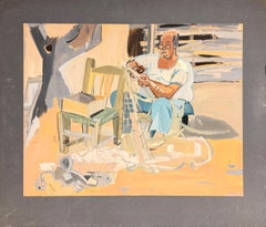 Mid-20th Century Post-Cubist Gouache Painting Man Mending Nets